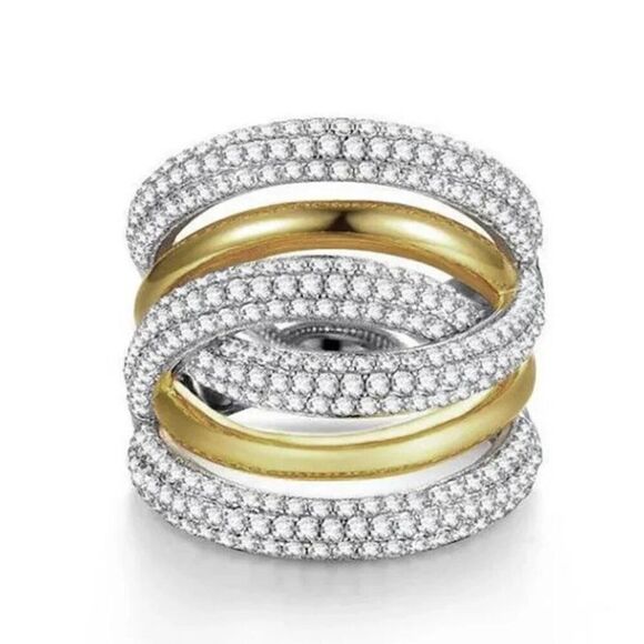 Two Tone Wide Multi Pave Overlap Chucky Gold Plated Stackable cocktail ring - Picture 1 of 7